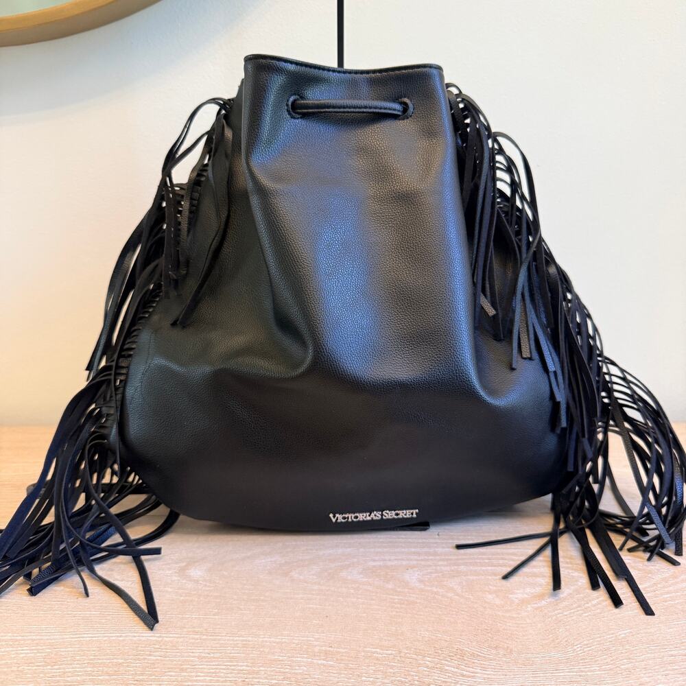 NWT Victoria's Secret Black Faux Leather Fringe Backpack Boho Drawstring Bag